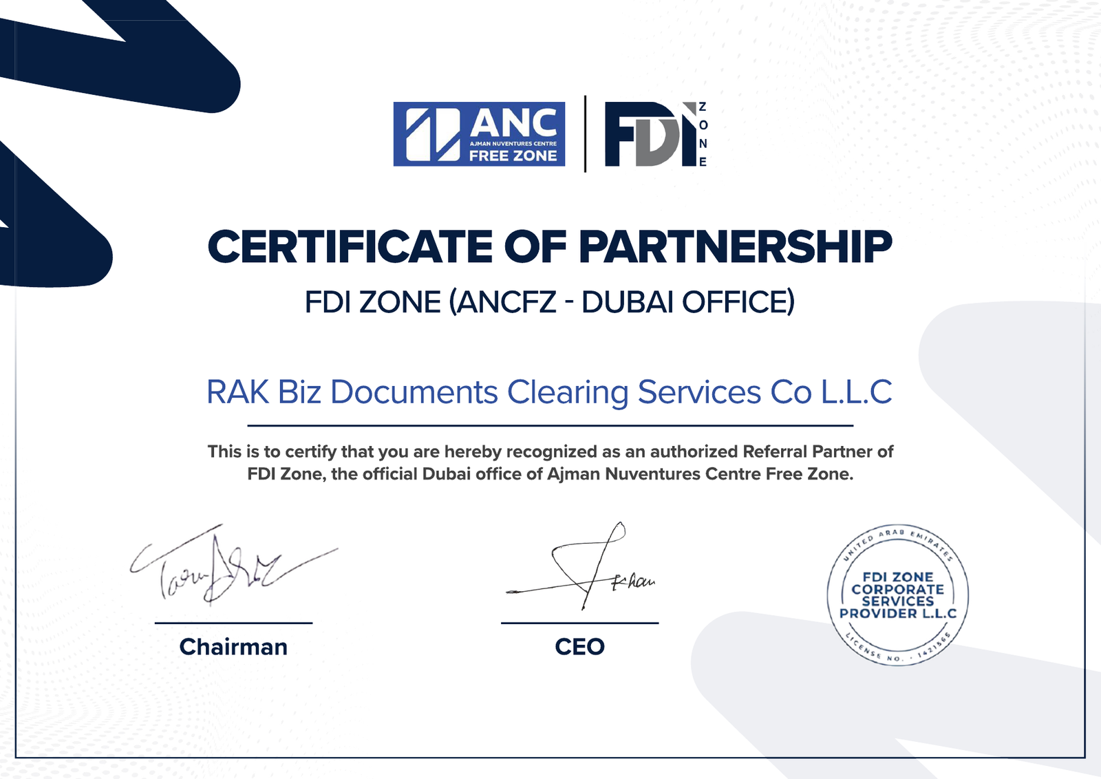 ANC and FDI Zone certificate of partnership for RAK Biz Documents Clearing Services Co L.L.C